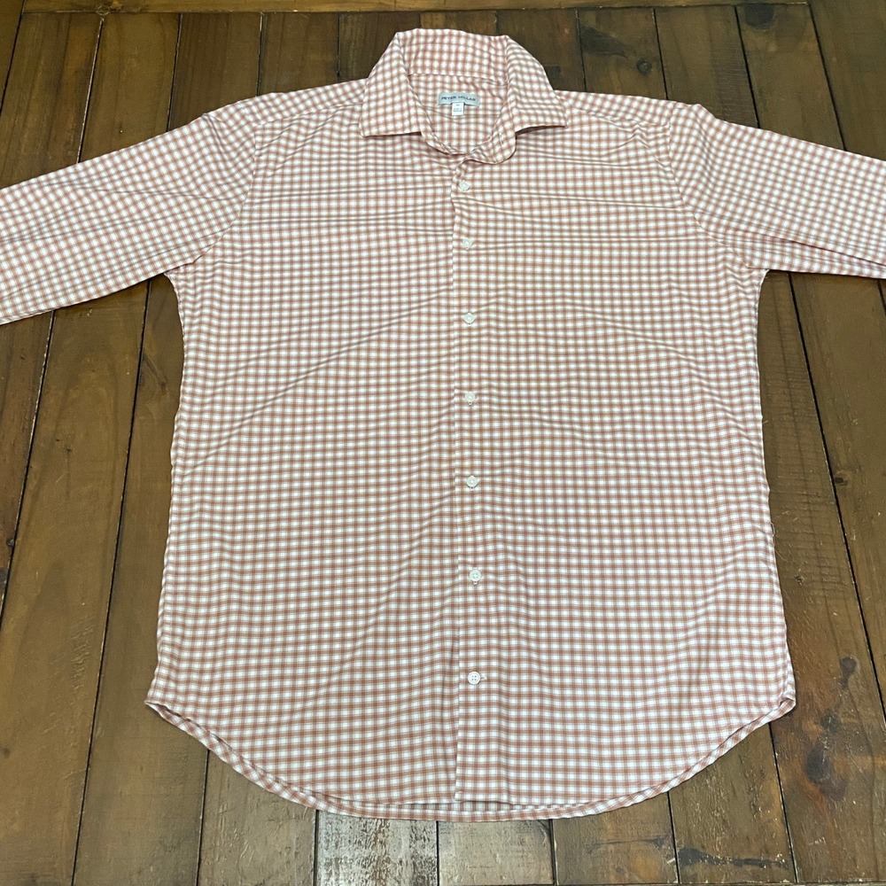 Peter Millar Mens Gingham Performance Shirt Orange White Stretch Button Down M